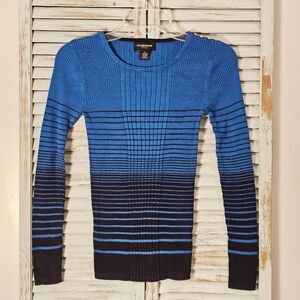 LIZ CLAIBORNE Career S Blue Black Striped Ribbed Long Sleeve Officecore Sweater